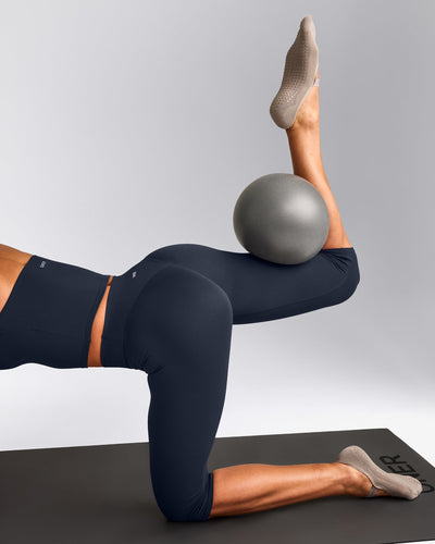 SoftMotion™ High Waisted Capri Leggings with Gray Logo | True Blue