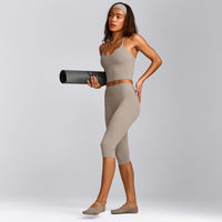 SoftMotion™ High Waisted Capri Leggings with White Logo | Warm Sand