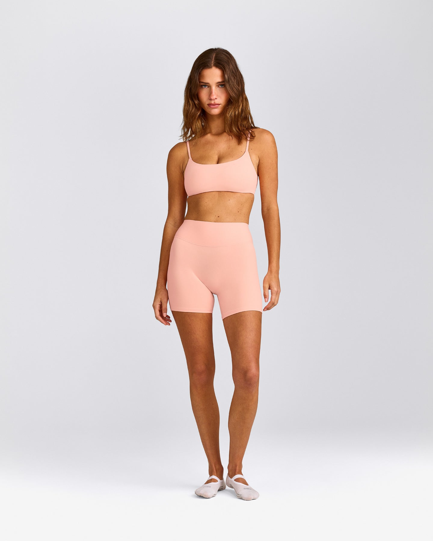 SoftMotion™ High Waisted Shorts 6" with Gray Logo | Peach Orange