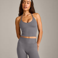 SoftMotion™ Strappy Halter Neck Mid Tank Top with Built in Bra Shelf with Gray Logo | Ash Gray
