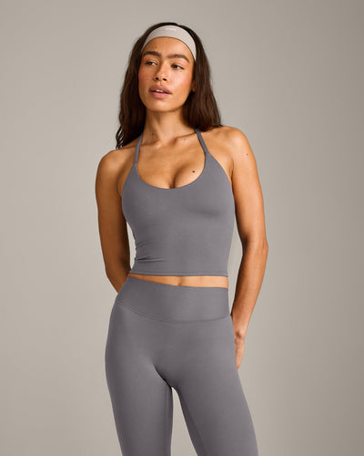 SoftMotion™ Strappy Halter Neck Mid Tank Top with Built in Bra Shelf with Gray Logo | Ash Gray