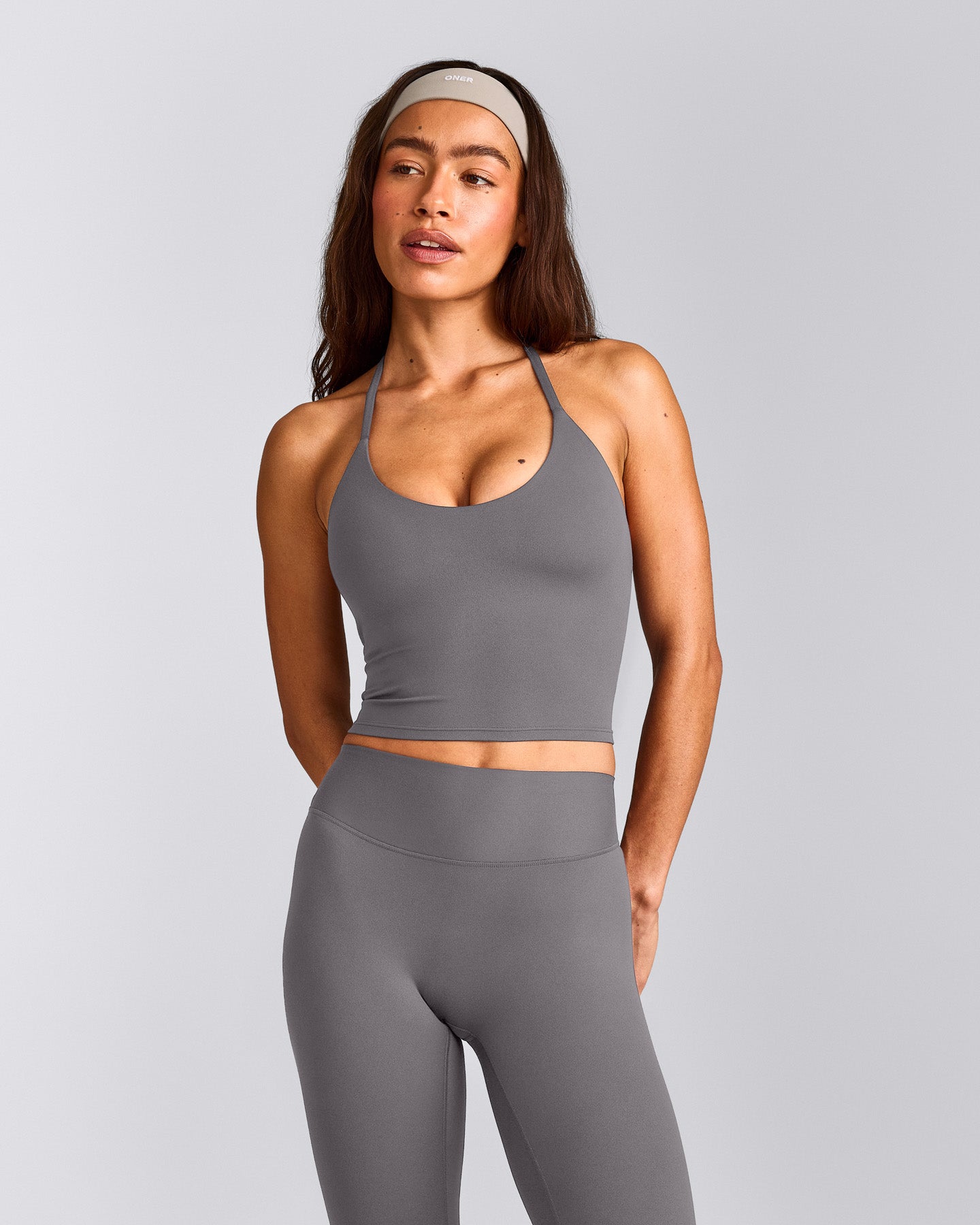 SoftMotion™ Strappy Halter Neck Mid Tank Top with Built in Bra Shelf with Gray Logo | Ash Gray