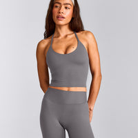 SoftMotion™ Strappy Halter Neck Mid Tank Top with Built in Bra Shelf with Gray Logo | Ash Gray