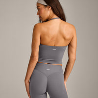 SoftMotion™ Strappy Halter Neck Mid Tank Top with Built in Bra Shelf with Gray Logo | Ash Gray