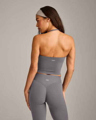 SoftMotion™ Strappy Halter Neck Mid Tank Top with Built in Bra Shelf with Gray Logo | Ash Gray