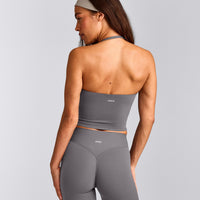 SoftMotion™ Strappy Halter Neck Mid Tank Top with Built in Bra Shelf with Gray Logo | Ash Gray