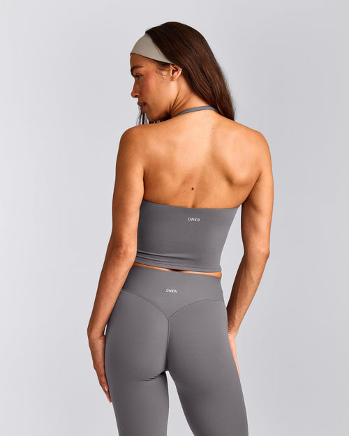 SoftMotion™ Strappy Halter Neck Mid Tank Top with Built in Bra Shelf with Gray Logo | Ash Gray