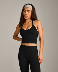 SoftMotion™ Strappy Halter Neck Mid Tank Top with Built in Bra Shelf with Gray Logo | Black