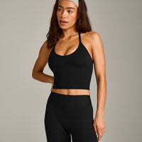 SoftMotion™ Strappy Halter Neck Mid Tank Top with Built in Bra Shelf with Gray Logo | Black