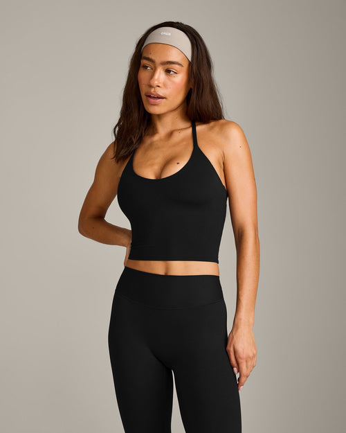 SoftMotion™ Strappy Halter Neck Mid Tank Top with Built in Bra Shelf with Gray Logo | Black