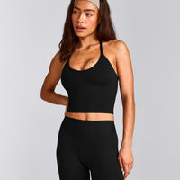 SoftMotion™ Strappy Halter Neck Mid Tank Top with Built in Bra Shelf with Gray Logo | Black