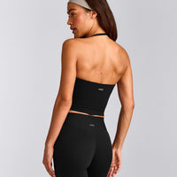 SoftMotion™ Strappy Halter Neck Mid Tank Top with Built in Bra Shelf with Gray Logo | Black