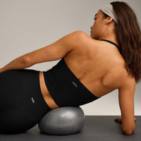 SoftMotion™ Strappy Halter Neck Mid Tank Top with Built in Bra Shelf with Gray Logo | Black