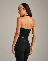 SoftMotion™ Strappy Halter Neck Mid Tank Top with Built in Bra Shelf with Gray Logo | Black
