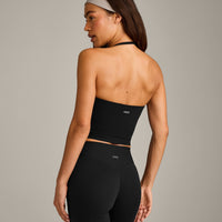 SoftMotion™ Strappy Halter Neck Mid Tank Top with Built in Bra Shelf with Gray Logo | Black