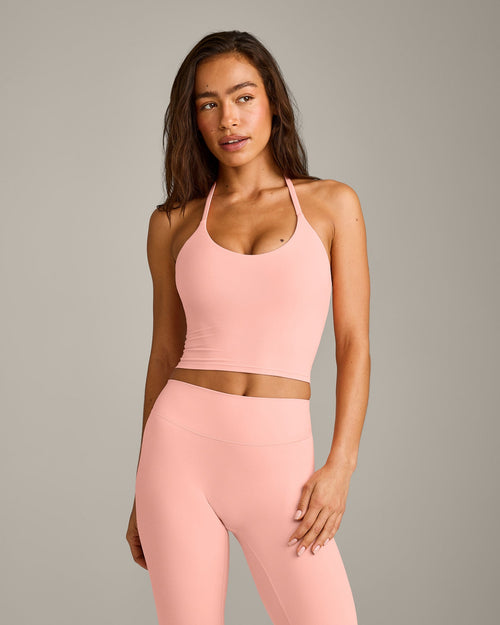 SoftMotion™ Strappy Halter Neck Mid Tank Top with Built in Bra Shelf with Gray Logo | Peach Orange