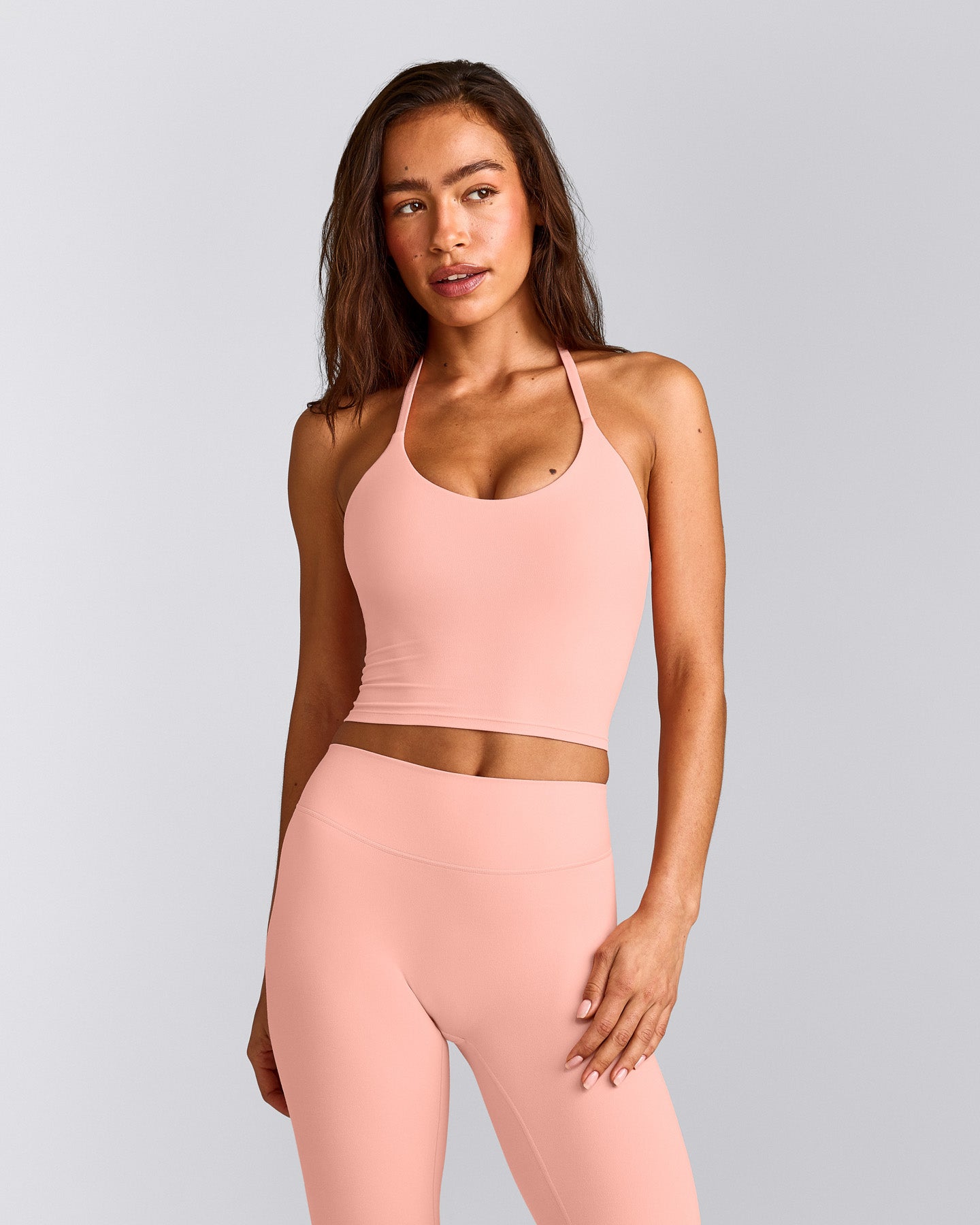 SoftMotion™ Strappy Halter Neck Mid Tank Top with Built in Bra Shelf with Gray Logo | Peach Orange
