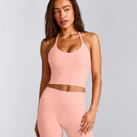SoftMotion™ Strappy Halter Neck Mid Tank Top with Built in Bra Shelf with Gray Logo | Peach Orange