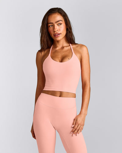 SoftMotion™ Strappy Halter Neck Mid Tank Top with Built in Bra Shelf with Gray Logo | Peach Orange