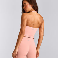 SoftMotion™ Strappy Halter Neck Mid Tank Top with Built in Bra Shelf with Gray Logo | Peach Orange