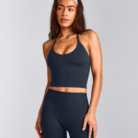 SoftMotion™ Strappy Halter Neck Mid Tank Top with Built in Bra Shelf with Gray Logo | True Blue