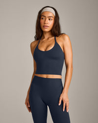 SoftMotion™ Strappy Halter Neck Mid Tank Top with Built in Bra Shelf with Gray Logo | True Blue