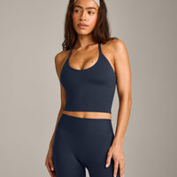 SoftMotion™ Strappy Halter Neck Mid Tank Top with Built in Bra Shelf with Gray Logo | True Blue