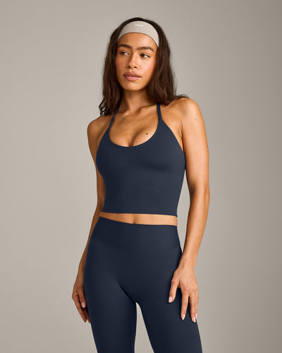 SoftMotion™ Strappy Halter Neck Mid Tank Top with Built in Bra Shelf with Gray Logo | True Blue