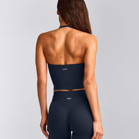 SoftMotion™ Strappy Halter Neck Mid Tank Top with Built in Bra Shelf with Gray Logo | True Blue
