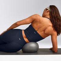 SoftMotion™ Strappy Halter Neck Mid Tank Top with Built in Bra Shelf with Gray Logo | True Blue