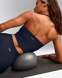 SoftMotion™ Strappy Halter Neck Mid Tank Top with Built in Bra Shelf with Gray Logo | True Blue