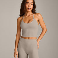 SoftMotion™ Strappy Halter Neck Mid Tank Top with Built in Bra Shelf with White Logo | Warm Sand