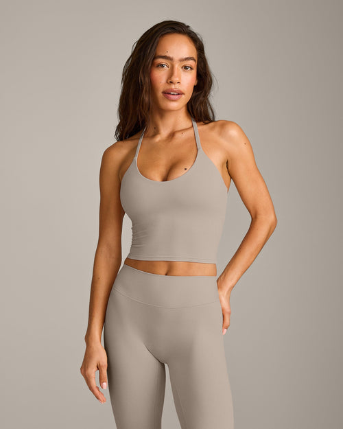 SoftMotion™ Strappy Halter Neck Mid Tank Top with Built in Bra Shelf with White Logo | Warm Sand