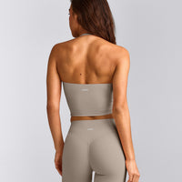 SoftMotion™ Strappy Halter Neck Mid Tank Top with Built in Bra Shelf with White Logo | Warm Sand