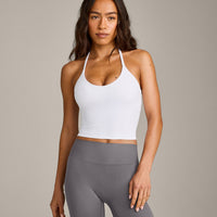 SoftMotion™ Strappy Halter Neck Mid Tank Top with Built in Bra Shelf with Gray Logo | White