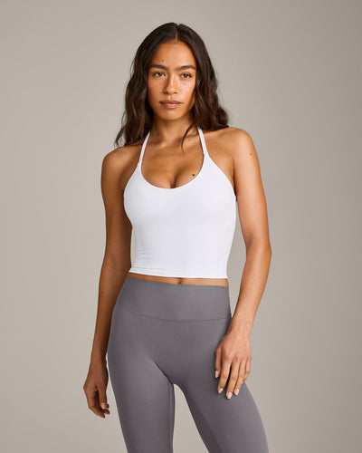 SoftMotion™ Strappy Halter Neck Mid Tank Top with Built in Bra Shelf with Gray Logo | White