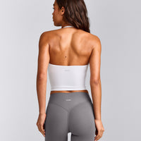SoftMotion™ Strappy Halter Neck Mid Tank Top with Built in Bra Shelf with Gray Logo | White