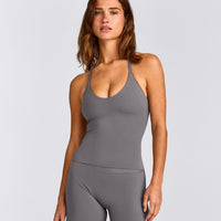 SoftMotion™ Strappy Halter Neck Tank Top with Built in Bra Shelf with Gray Logo | Ash Gray