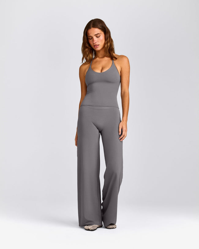 SoftMotion™ Strappy Halter Neck Tank Top with Built in Bra Shelf with Gray Logo | Ash Gray