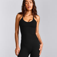 SoftMotion™ Strappy Halter Neck Tank Top with Built in Bra Shelf with Gray Logo | Black