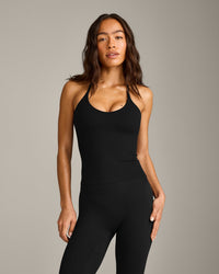 SoftMotion™ Strappy Halter Neck Tank Top with Built in Bra Shelf with Gray Logo | Black