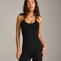 SoftMotion™ Strappy Halter Neck Tank Top with Built in Bra Shelf with Gray Logo | Black
