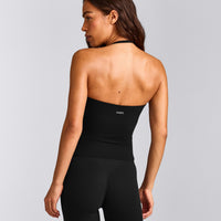 SoftMotion™ Strappy Halter Neck Tank Top with Built in Bra Shelf with Gray Logo | Black