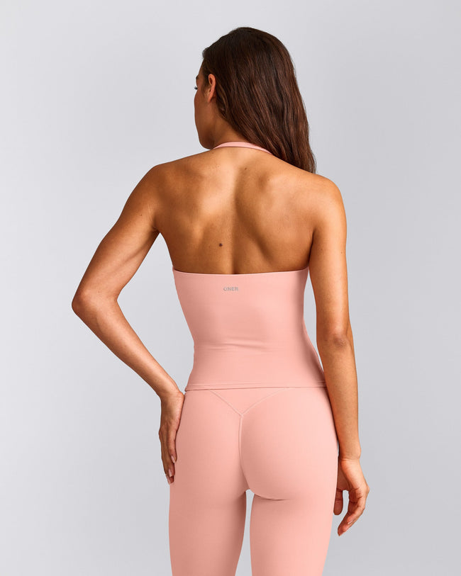 SoftMotion™ Strappy Halter Neck Tank Top with Built in Bra Shelf with Gray Logo | Peach Orange
