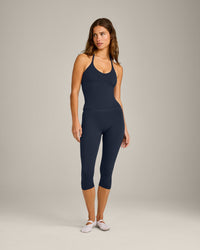 SoftMotion™ Strappy Halter Neck Tank Top with Built in Bra Shelf with Gray Logo | True Blue