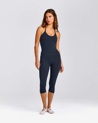 SoftMotion™ Strappy Halter Neck Tank Top with Built in Bra Shelf with Gray Logo | True Blue