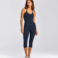SoftMotion™ Strappy Halter Neck Tank Top with Built in Bra Shelf with Gray Logo | True Blue
