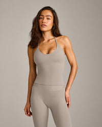 SoftMotion™ Strappy Halter Neck Tank Top with Built in Bra Shelf with White Logo | Warm Sand