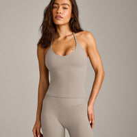 SoftMotion™ Strappy Halter Neck Tank Top with Built in Bra Shelf with White Logo | Warm Sand