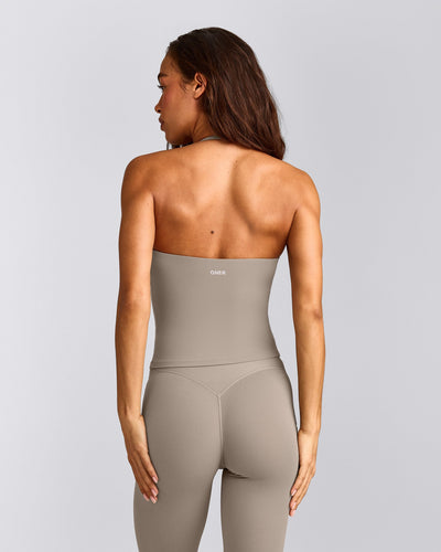 SoftMotion™ Strappy Halter Neck Tank Top with Built in Bra Shelf with White Logo | Warm Sand